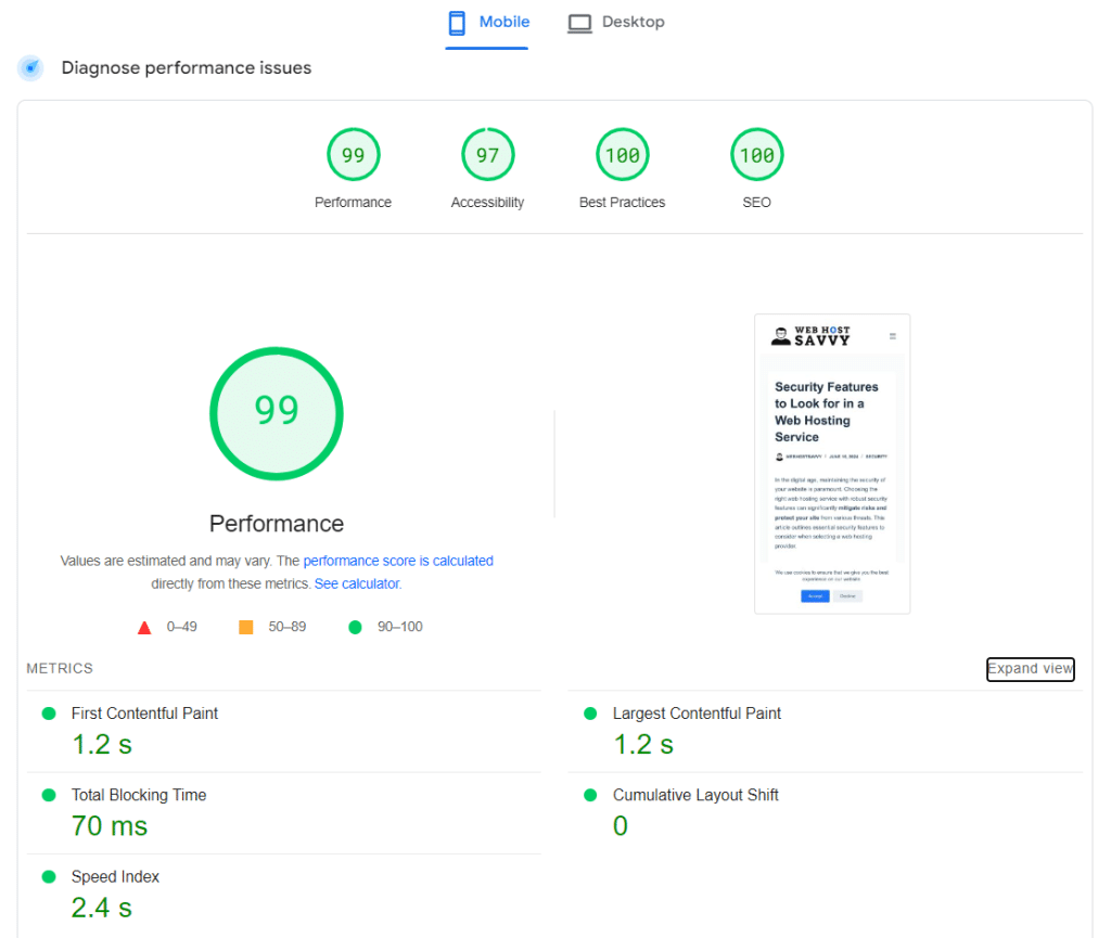 WebHostSavvy PageSpeed Insights Mobile Result